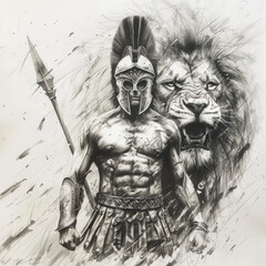 Fototapeta premium Spartan in front of a lion head pencil draw