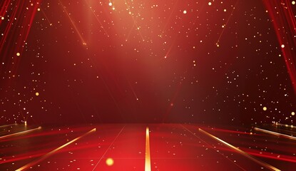Red background with light effect dots and lines at the top of the screen. A red tone background features a dark gold colored box in the center bottom, in the style of a movie award ceremony