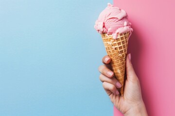 Woman Holding Pink Ice Cream in Waffle Cone Against Blue Pastel Background - Sweet Treat, Summer Dessert