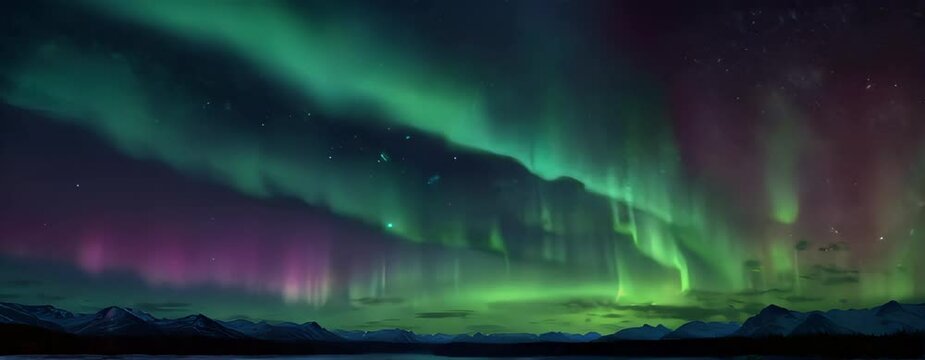 Aurora Dreams. A slow-moving aurora borealis animation with mesmerizing colors that dance across a starlit sky, digital painting.