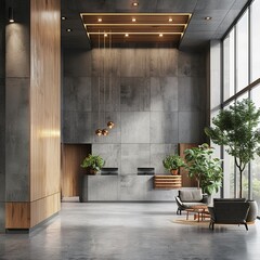 A contemporary office lobby that blends concrete and wooden elements, captured in a precise 3D rendering