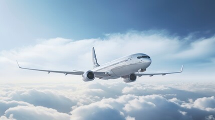 Commercial airplane flying above clouds in the blue sky.