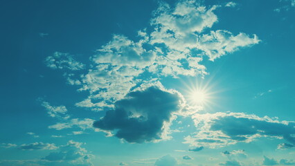 Sunbeam With Haze On Blue Sky. Beams With Clouds. Sky With Sun Coming With Clouds.