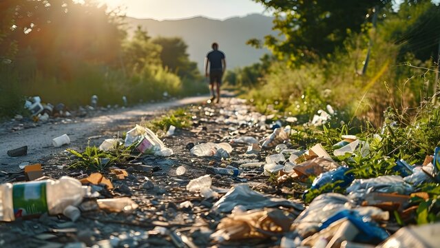 Person vor M&uuml;lldeponie und Schrotthaufen in Natur Generation Upcycling und Recycling. Concept Eco-Friendly Lifestyle, Recycling Innovations, Waste Management Solutions, Sustainable Living