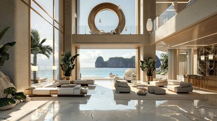 Luxurious modern beach resort lobby with sea view, artfully presented in 3D render