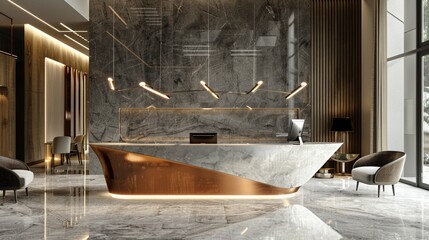 Luxury reception desk in a modern office lobby, epitomizing sophisticated interior design
