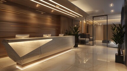 Sleek and luxurious reception desk dominates the modern interior design of this office lobby