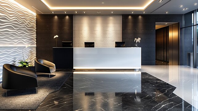 Sleek and stylish reception area with a black and white modern design, epitomizing urban sophistication
