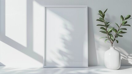 A framed minimalist white poster mockup style and plant in pot, white wall background.