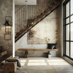Stylish loft entrance hall blends modern design with a rustic wooden bench beside the staircase