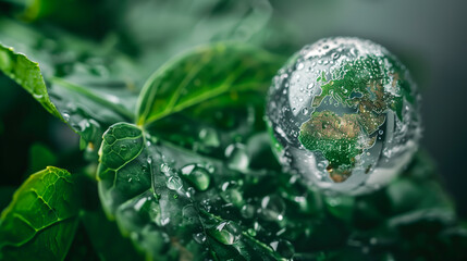 Vibrant macro shot of a dew-covered globe resting on lush leaves, showcasing a concept of environmental awareness and global ecology.