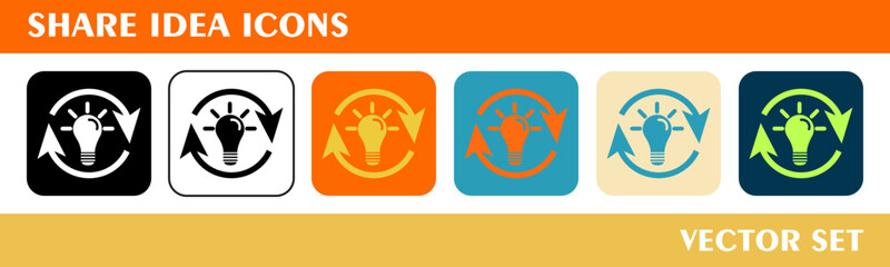 Share idea icons set. 6 style icons with various colors. For sign, symbol, web design or web graphics. 