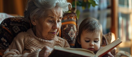 Closeup grandchild and grandmother reading book. Happy family concept background.