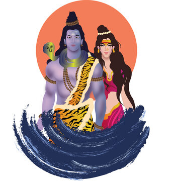 Illustration of Lord Shiva and Parvati against an orange backdrop, standing on a blue base