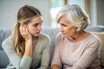 caring empathetic older mother talking to frustrated young adult daughter photo