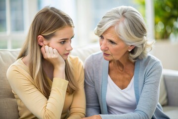 caring empathetic older mother talking to frustrated young adult daughter 
