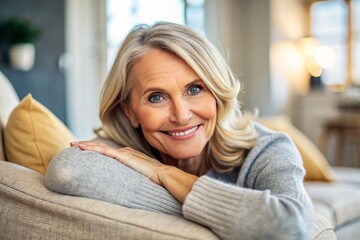 close up portrait of smiling relax on cozy couch in living room feels carefree on weekend alone indoors pleasant happy lady enjoy leisure time at home 