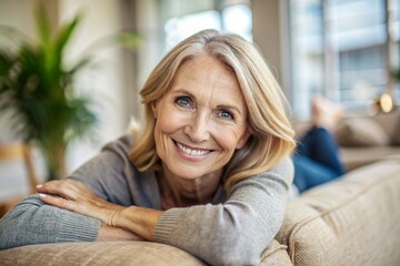 close up portrait of smiling relax on cozy couch in living room feels carefree on weekend alone indoors pleasant happy lady enjoy leisure time at home 
