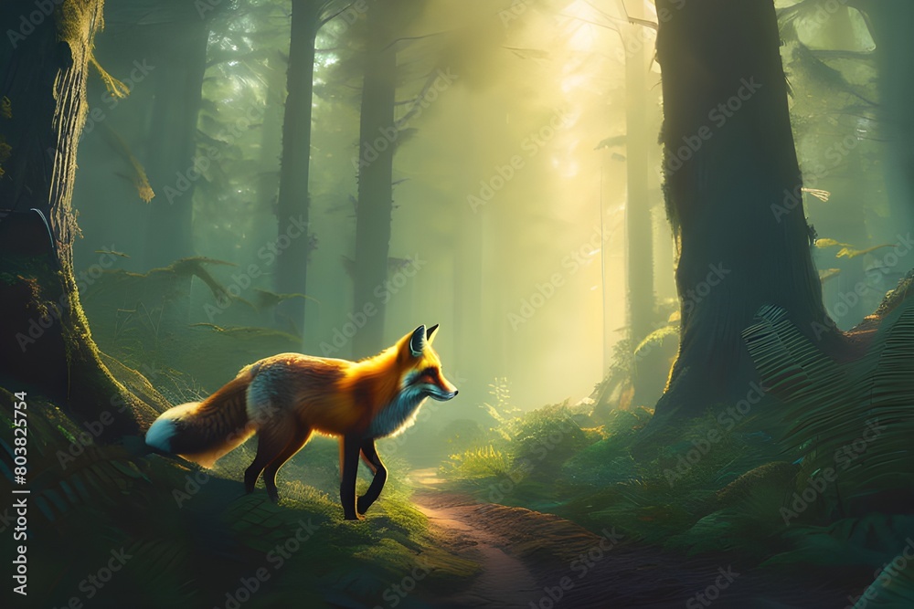 Wall mural fox stalking its prey in a thick, hazy forest in a close-up stock shot that highlights its vigilant faces, - Wall murals