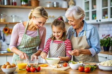 little s girl cooking with loving mom and granny in kitchen playful multi generational family illustration