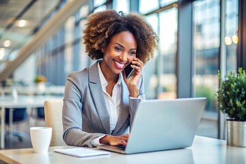 positive beautiful african american business expert woman talking on mobile phone at laptop 