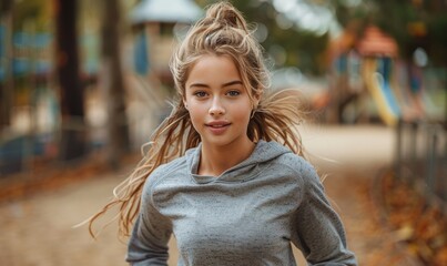 A beautiful young woman running confidently