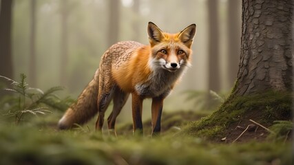 fox stalking its prey in a thick, hazy forest in a close-up stock shot that highlights its vigilant faces,