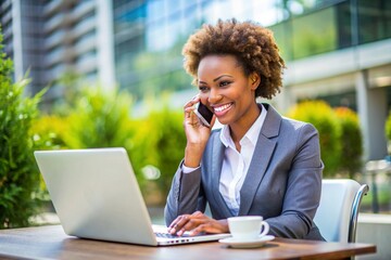 positive beautiful african american business expert woman talking on mobile phone at laptop 