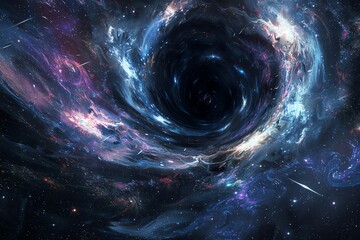 Stock image of an artistic interpretation of a black hole pulling in surrounding stars and nebulae, highlighting the forces of gravity