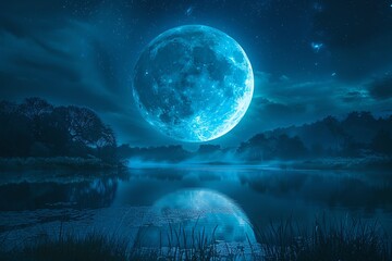 Stock photo of a rare blue supermoon, larger and brighter, illuminating the night sky and casting a surreal glow over a tranquil landscape
