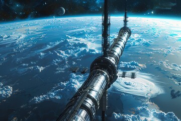 Stock photo of a space elevator concept, stretching from Earth to geostationary orbit, representing the future of space travel and industry - obrazy, fototapety, plakaty