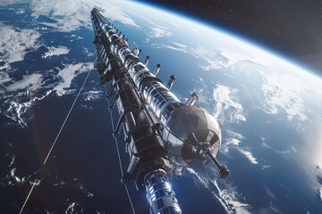Stock photo of a space elevator concept, stretching from Earth to geostationary orbit, representing the future of space travel and industry