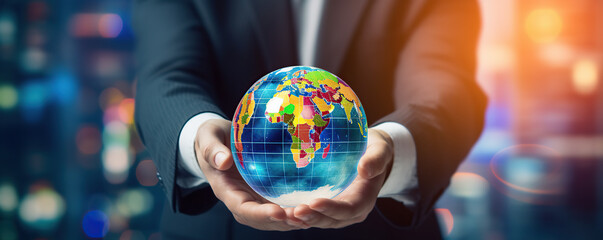 Fototapeta premium Businessperson Holding Globe in Front of City Lights at Night