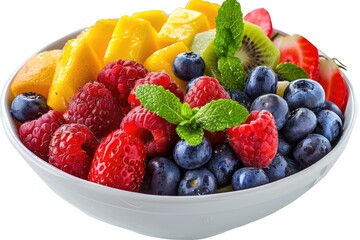 A bowl of fresh fruit salad with a background of pure white. Generative Ai