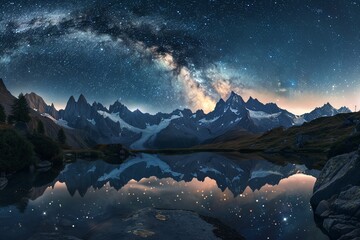 Ultrahigh definition stock photo of the Milky Way arching over a serene mountain lake, reflection visible in the water, clear night sky - obrazy, fototapety, plakaty