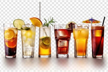 A group of beverages set out against a white backdrop. Generative Ai