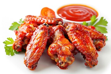 A picture of tomato sauce-topped barbecued chicken wings on a white backdrop. Generative Ai
