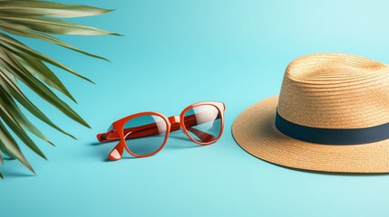 A highresolution image of sunglasses a beach hat and flipflops arranged neatly on a solid light blue background epitomizing summer essentials