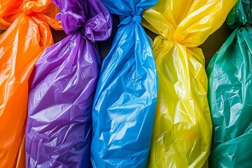Colorful trash bags. top view flat layout for creating a vibrant and dynamic background design
