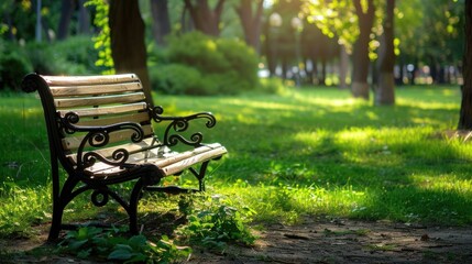 A park bench sits in the center of a lush green park, surrounded by trees and grass