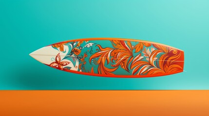 A vibrant image of a surfboard with abstract designs set against a solid turquoise background capturing the essence of summer surfing vibes