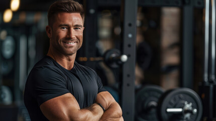 A muscular man in sportswear is smiling at the camera, standing with arms crossed and looking happy and confident inside the gym.