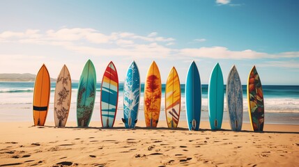 Closeup shot of vividly painted surfboards standing upright on a pristine beach with crystalclear waters and a bright sunny sky enhancing the cheerful mood