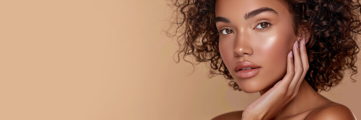 A mixed race woman with curly hair is posing for a portrait against a beige background. She has beautiful eyebrows and soft pink lips. - Powered by Adobe