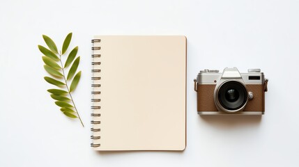 Minimalist styled image of a camera and travel journal on a solid white background perfect for depicting summer adventures and memories