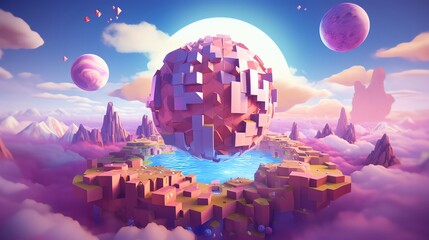 Playful and colorful 3D illustration of a fantasy cube planet where each side represents a mythical land from dragon realms to fairy forests against a solid purple background enhancing a magical and i