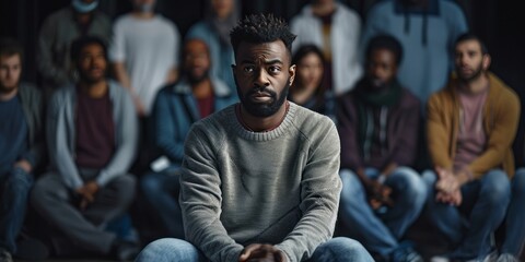 A black man with short hair and a beard, wearing jeans and a sweater, is sitting in the center of a...