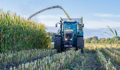 Traktor und Maishäcksler während der Maisernte 