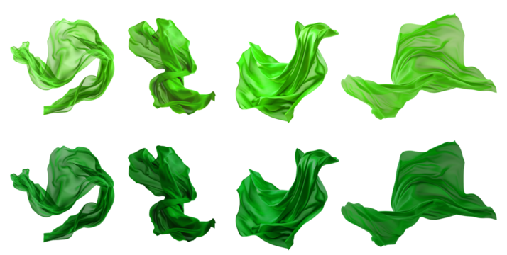 2 Collection set of dark light green lime silk satin cloth fabric floating flying in the air on transparent background cutout, PNG file. Mockup template for artwork graphic design