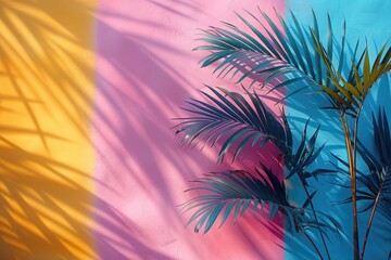 Palm leaf against sunlight, pattern texture foliage. yellow, pink, blue color wallpaper background. Summer mood vibe relaxation unity nature